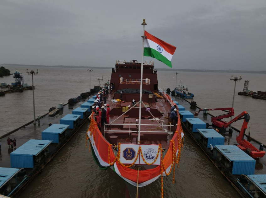 GSL Launches Yard 1258 Triput as First Indigenous Advanced Frigate for Indian Navy.

