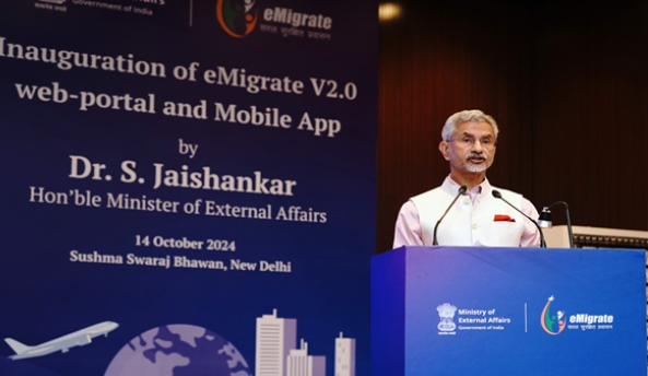 External Affairs Minister Subrahmanyam Jaishankar launches the e-Migrate V2.0 web portal and mobile app to enhance global mobility safety.