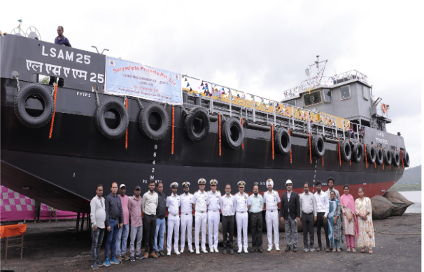 Indian Navy Launches 11th ACTCM Barge LSAM 25 at Thane, Maharashtra.