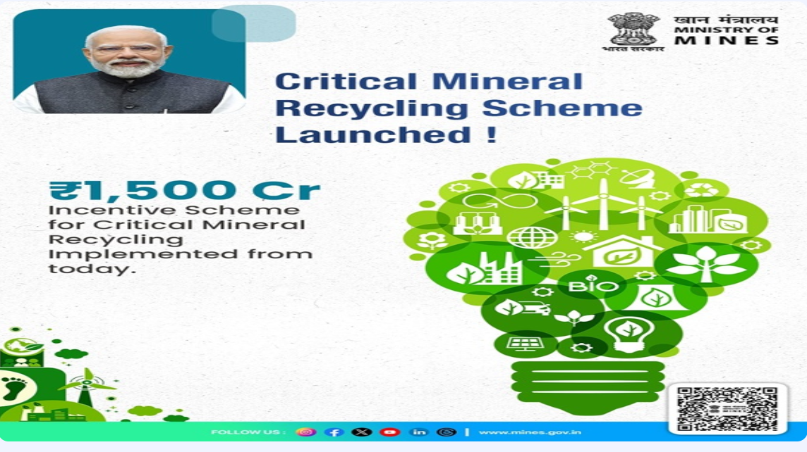 Ministry of Mines Issues Guidelines for Rs 1,500 Crore Critical Mineral Recycling Incentive Scheme.